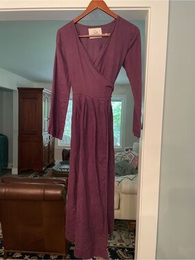 Women's Long Sleeve Linen Wrap Maxi Dress - Plum